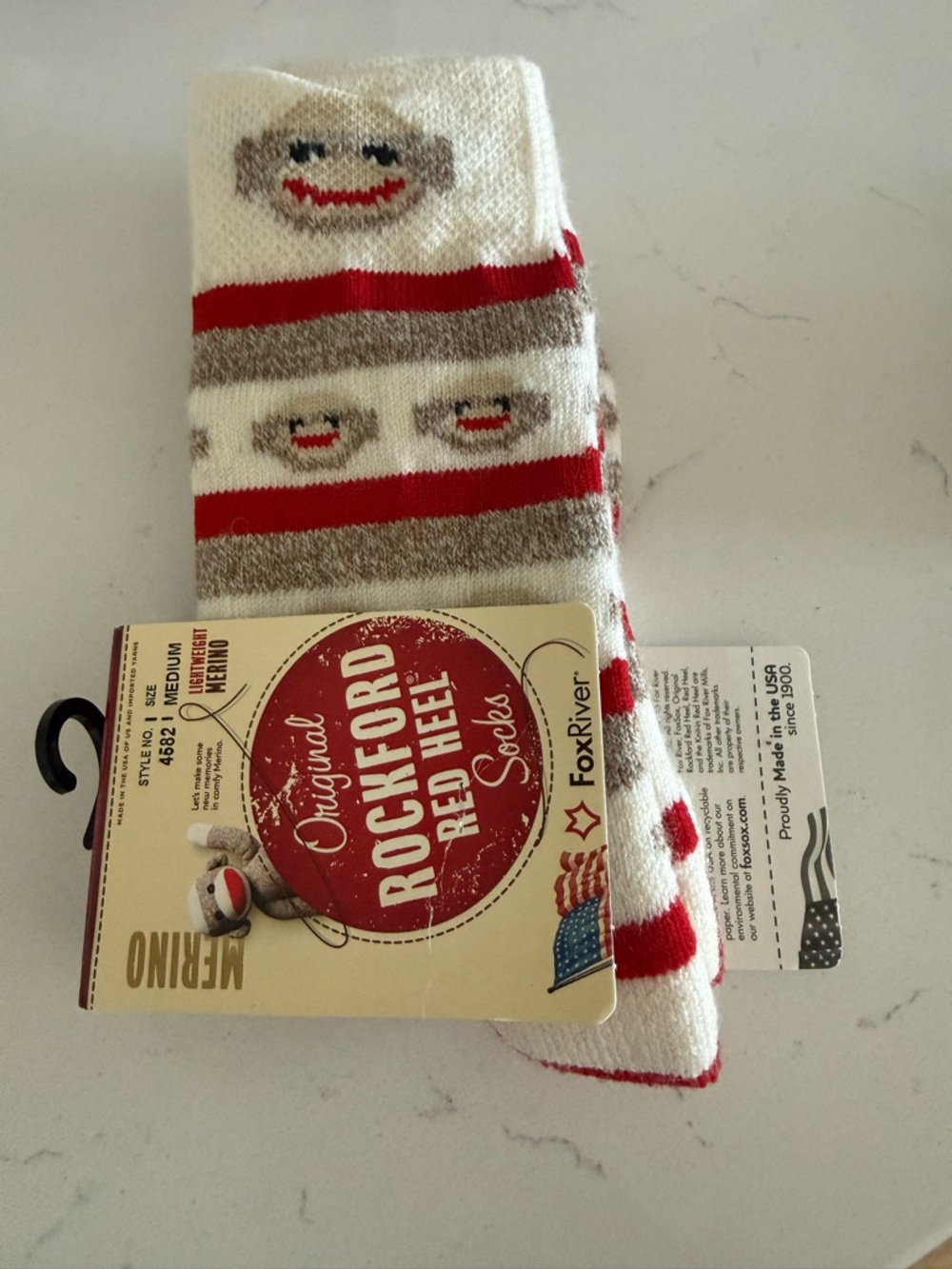 Rockford Red Heel Sock — White, Red & Gray Sock Monkey Design